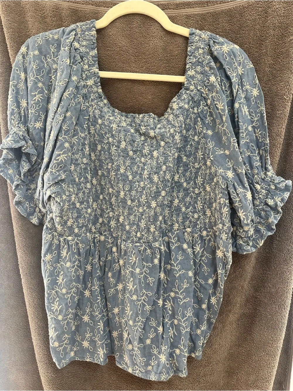 Old Navy Light Blue Floral Embroidered Smocked Peasant Blouse